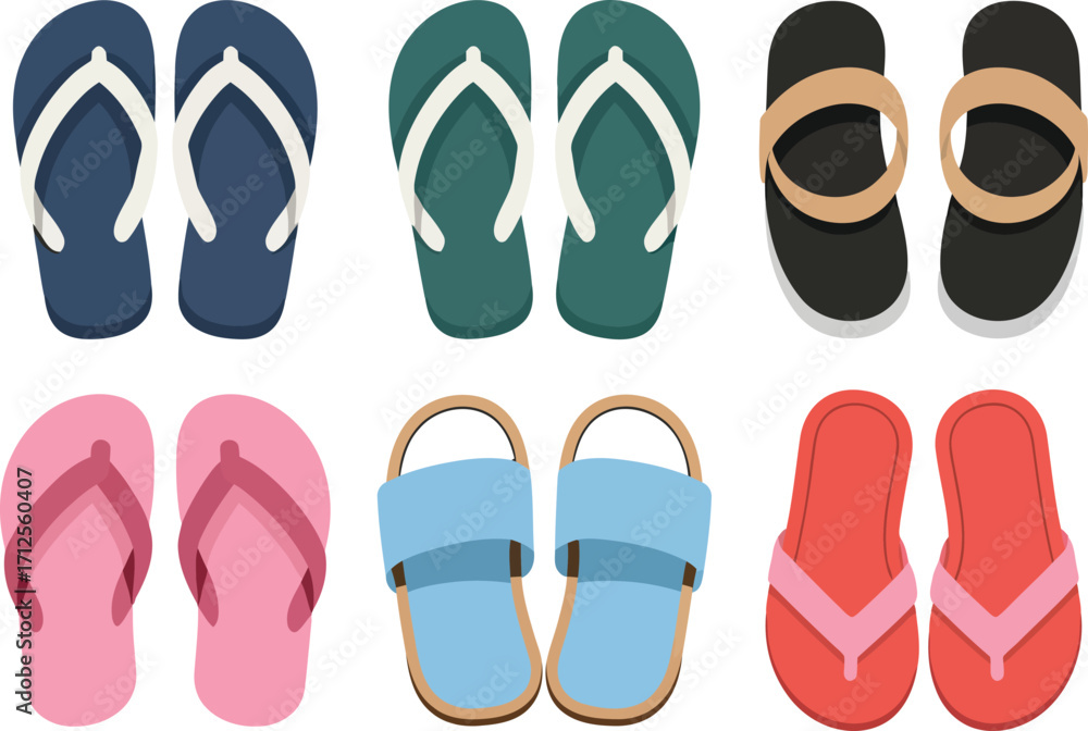 Fototapeta premium Collection of colorful flip flops and sandals for summer footwear