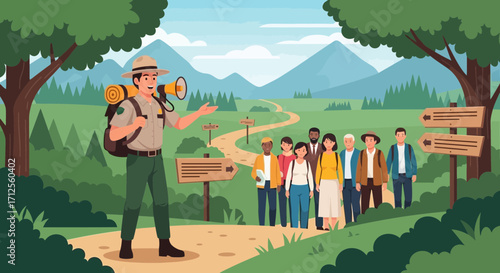Guiding Tour Group At The Scenic Natural Park With A Communicating Ranger