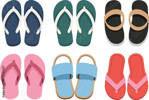 Collection of colorful flip flops and sandals for summer footwear