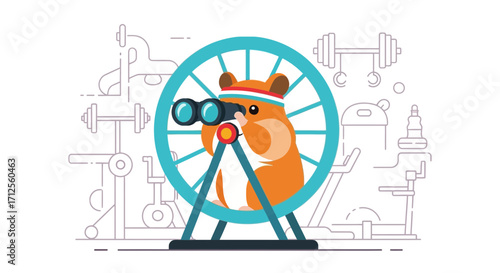Hamster In Exercise Wheel Uses Binoculars To View Gym Equipment, Sport Cartoon Concept
