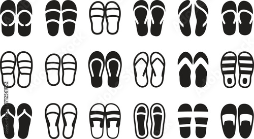Collection of black and white flip flop sandal illustrations in various styles