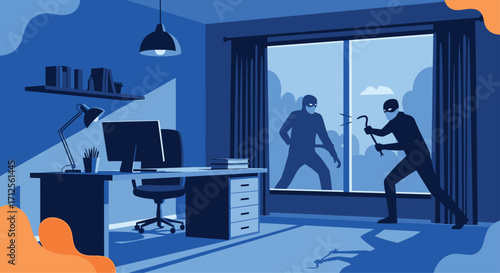 Two intruders attempt to break into an office at night.