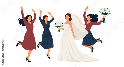 Bride and bridesmaids celebrating happiness with wedding bouquets.