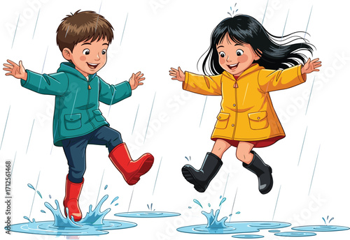 Joyful Kids in Raincoats and Boots Jumping and Splashing in Puddles, Happy and Fun Childhood Moments