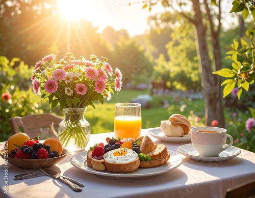 Outdoor breakfast scene with flowers and sunshine