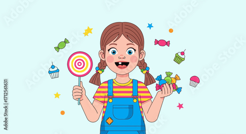Happy Child Holding Candies: Whimsical Cartoon Illustration of Joyful Moments