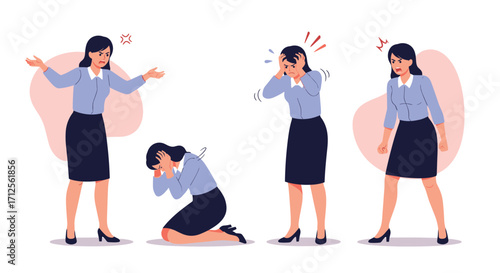 Illustration of a woman expressing various emotions such as anger frustration and sadness.