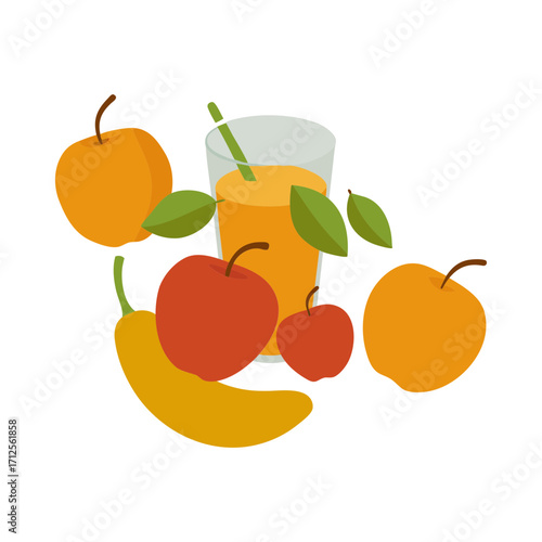 Vector art illustration of fruit juice in a transparent glass glass among fresh fruits and vegetables