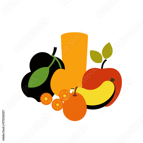 Vector art illustration of fruit juice in a transparent glass glass among fresh fruits and vegetables