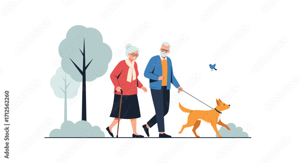 Naklejka premium Elderly couple enjoying a peaceful walk with their dog in the park.