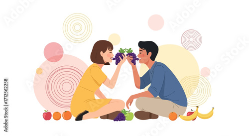 Happy Couple Feasting, Sharing Grapes, Celebrating Togetherness In This Colorful Illustration