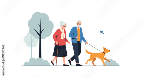 Elderly couple enjoying a peaceful walk with their dog in the park.