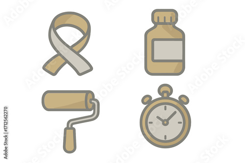 Collection of symbols representing health, time, and creativity in minimalist design style
