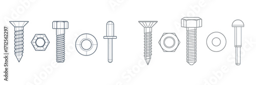 Various types of nuts and bolts displayed in a simple line drawing format for clear identification and reference