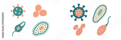 Diverse microorganisms illustrated in soft colors showcasing various forms and structures commonly found in nature