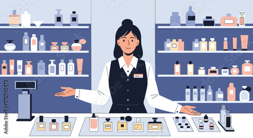 A cheerful female sales associate stands behind a counter filled with perfumes.