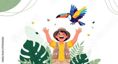 Happy Explorer Celebrating Wildlife, Tropical Birds and Exuberant Nature Joyfully Embracing