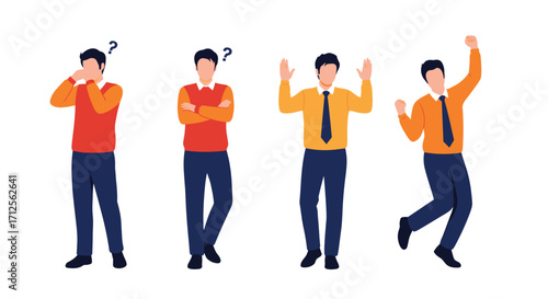 Various emotional expressions of a businessman showing confusion and celebration.