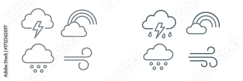 Weather symbols showing various conditions including rain, lightning, and wind in a simple design