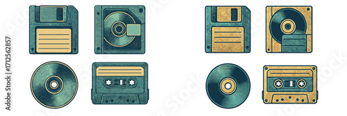 Vintage storage media collection featuring floppy disks, CDs, and cassette tapes on a simple background