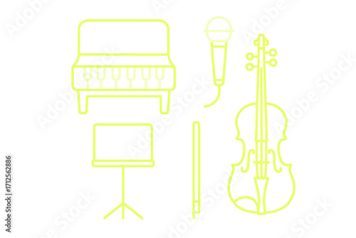 Music instruments arranged with a microphone, piano, violin, and music stand for a creative performance setting