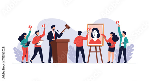 An art auction takes place with people bidding on a portrait.
