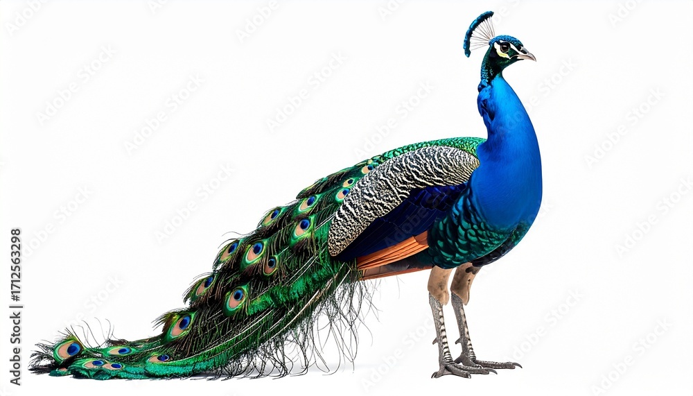 Fototapeta premium A vibrant peacock stands with tail fully fanned—blue, green, and iridescent eyes shimmer as another peacock soars above, evoking courtship, majesty, and the surreal rhythm of nature in motion.