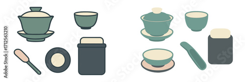 Modern tea set displayed with various utensils and containers in a simple design