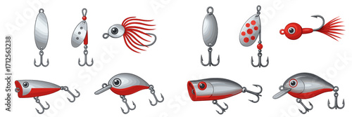 Variety of fishing lures and baits displayed on a white background for anglers in a fishing tackle shop