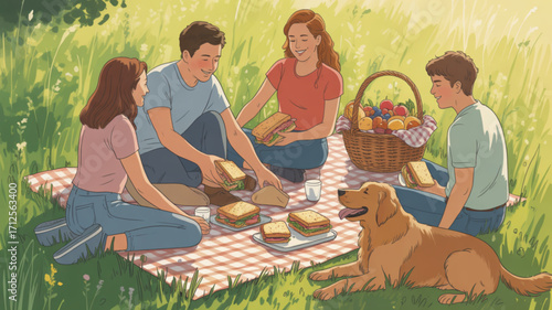 Family picnic in the park with dog, sandwiches, and basket of fruits for a sunny day outdoor activity
