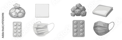 Collection of medical items and protective gear including masks, tablets, and gauze in gray tones