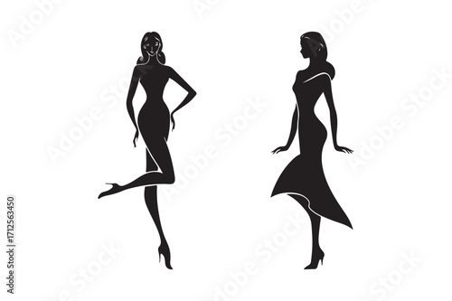 Elegant silhouettes of two women in evening gowns