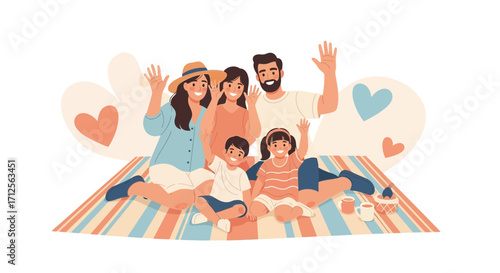 Happy Family Picnic: Joyful Scene of Parents and Children Waving Greetings Outdoors
