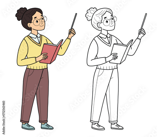 Teacher holding book and pointer, explaining or lecturing, looking up, cartoon style