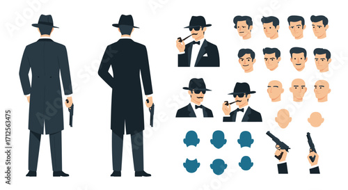 Retro detective character design elements kit.