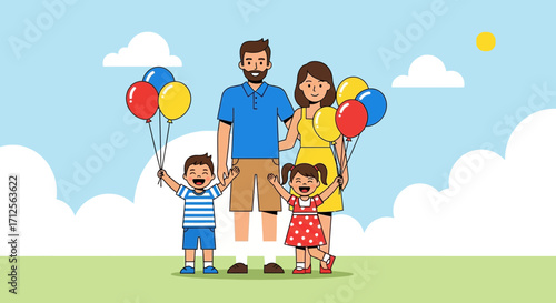 Happy Family Together Celebrating A Fun Day Holding Colorful Balloons Under Blue Sky
