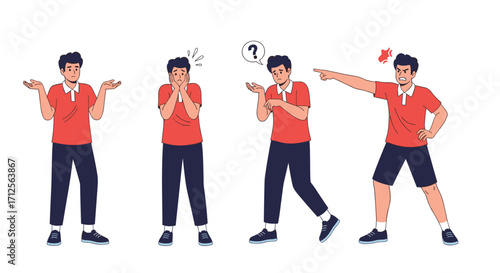 Young man displaying various emotions and reactions in distinct poses.