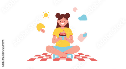 Happy Girl Enjoys A Delicious Cupcake While Relaxing Outdoors In Summer Sunshine