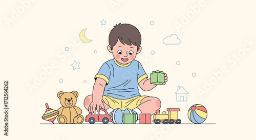 Happy Little Boy Playing With His Colorful Toys And Having Fun