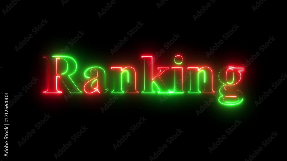 Watch now neon text animation. A neon sign spells out RANKING against a dark textured background. Watch now neon text animation. A neon sign spells out RANKING against a dark textured background.
