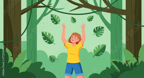Happy Person Playing With Falling Leaves in Green Forest Environment Scene