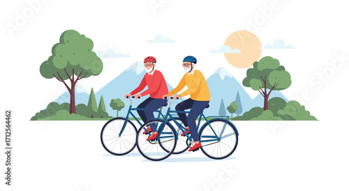 Two elderly people riding a tandem bicycle together in the mountains.
