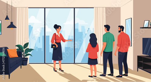 Real estate agent showing apartment to prospective buyers.
