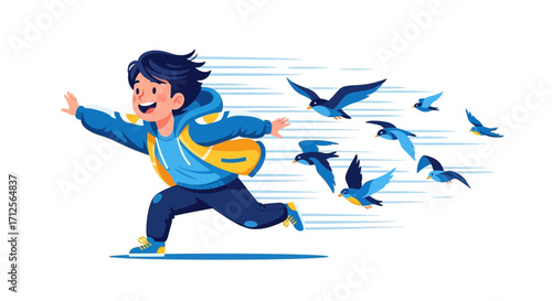 Happy Young Boy Running Towards Adventures and Chasing a Flock of Blue Birds Forever