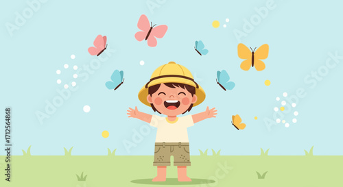 Happy Young Child Plays Enthusiastically With Colorful Butterflies Outdoors In The Nature