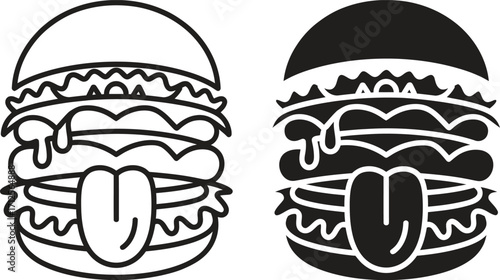 Stylized burger icon with tongue sticking out in outline and silhouette