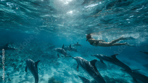 Adventurous woman swimming with dolphins underwater in vibrant ocean teeming with life