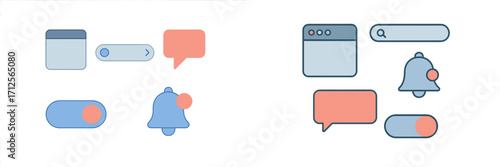 Interface elements for modern web applications featuring buttons, toggles, and notifications