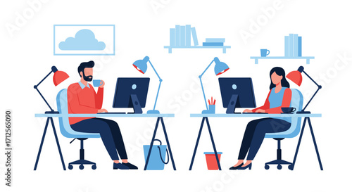 Two colleagues working diligently at their desks in an office setting.