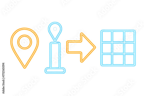 Map symbols demonstrating location, information, and grid layout useful for navigation and planning activities